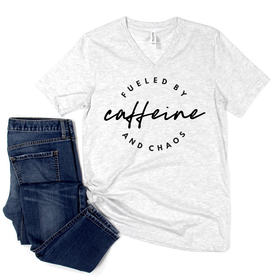 Fueled by Caffeine & Chaos White Fleck V-neck Tee [ships in 3-5 business days]