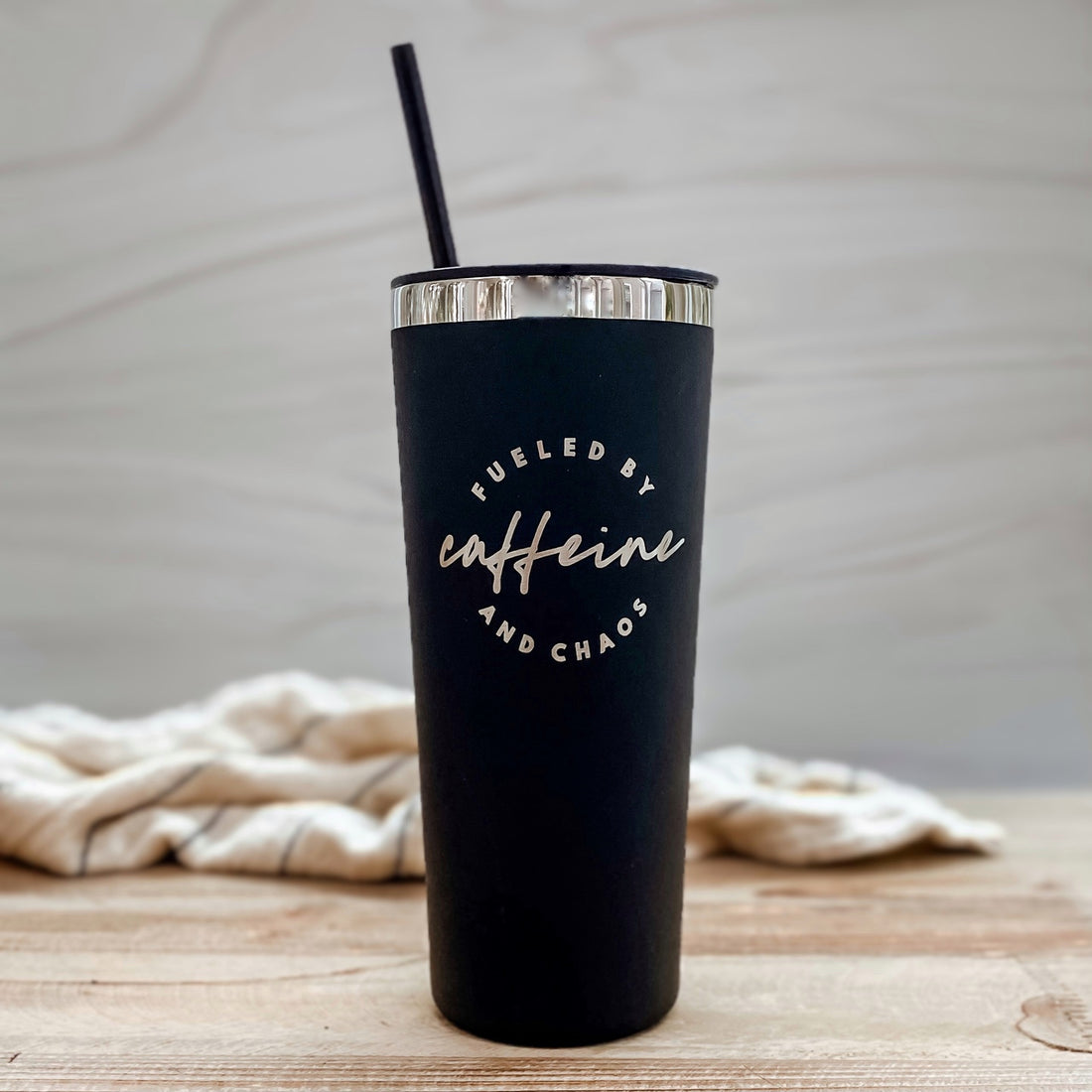 Fueled by Caffeine and Chaos 22oz Matte Black Stainless Tumbler