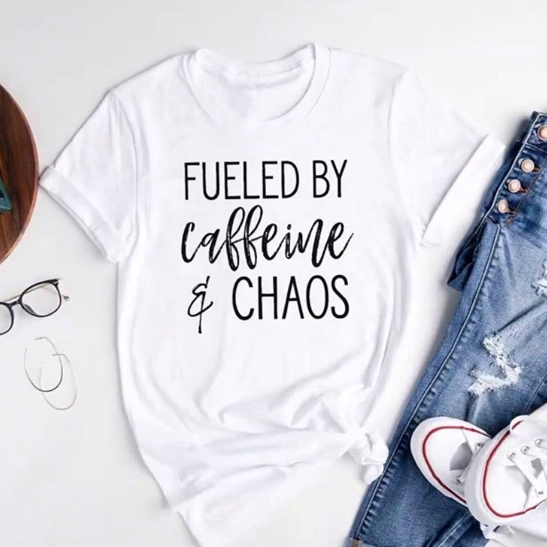 White Fueled by Caffeine & Chaos Tee [ships in 3-5 business days]
