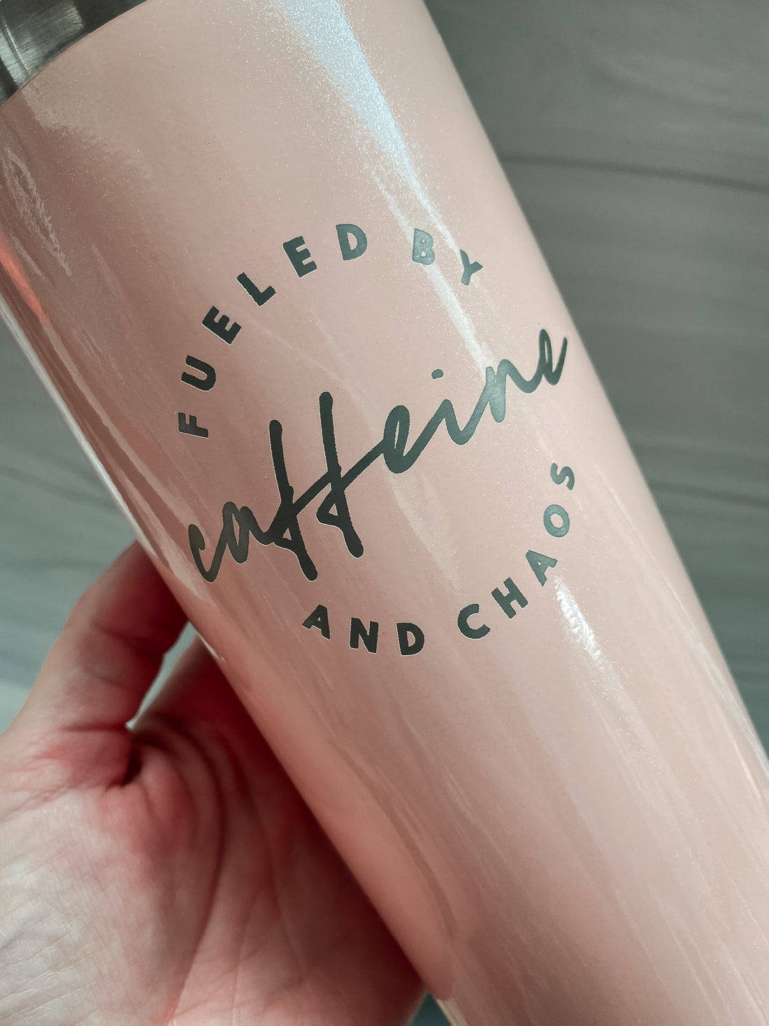Fueled by Caffeine and Chaos 22oz Blush Glitter Stainless Tumbler