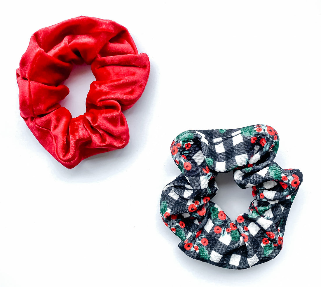 Plaid + Red Velour Handmade Scrunchie Set [ships in 3-5 business days]