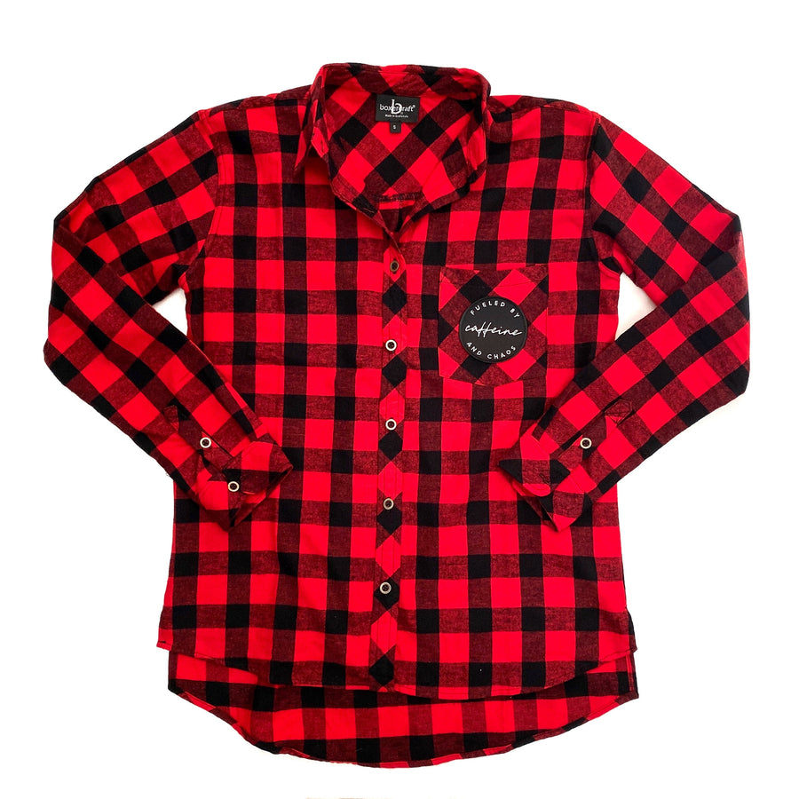 Fueled by Caffeine and Chaos Buffalo Plaid Flannel **READ DETAILS** [ships in 3-5 business days]