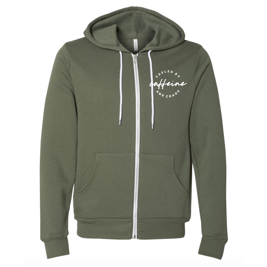 Fueled by Caffeine and Chaos Olive - Sage Fleece Zip Up